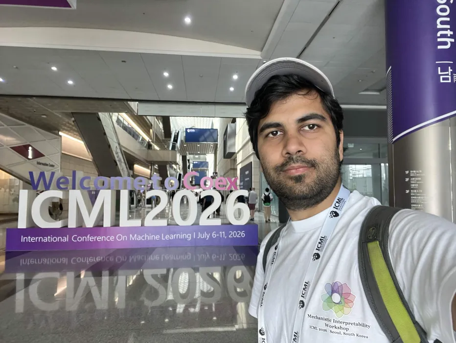 Math AI Lab members in front of the ICML 2026 sign at COEX